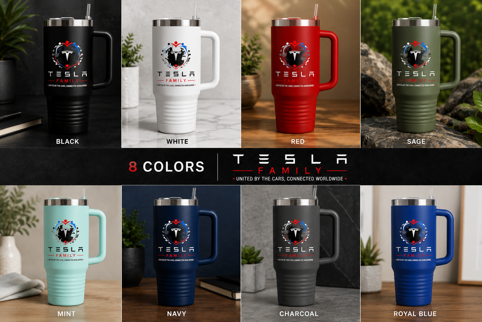 Tesla Family Insulated Travel Mug – 40oz Stainless Steel Tumbler with Handle